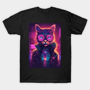 Futuristic Cyberpunk Neon Cat Wearing Glasses T-Shirt